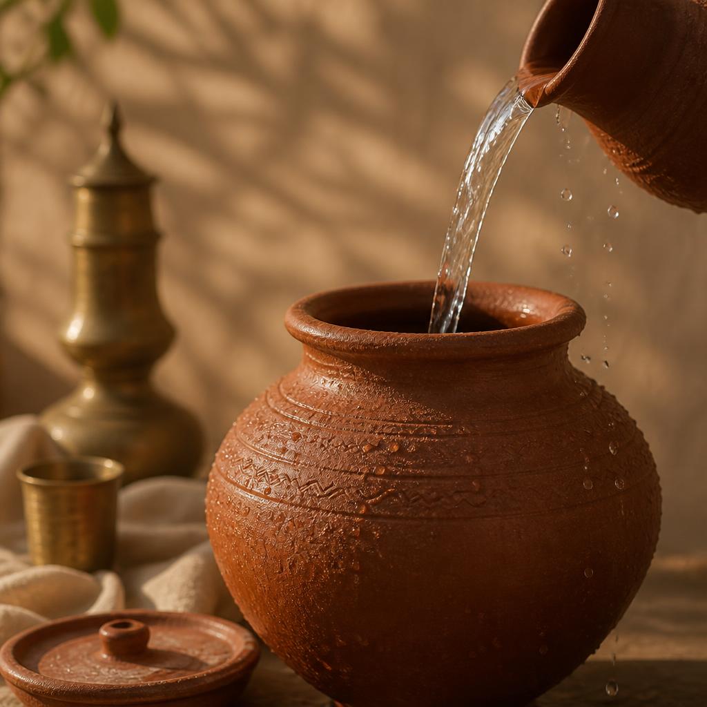 Overhead view of clear water resting inside a terracotta matka in warm morning light