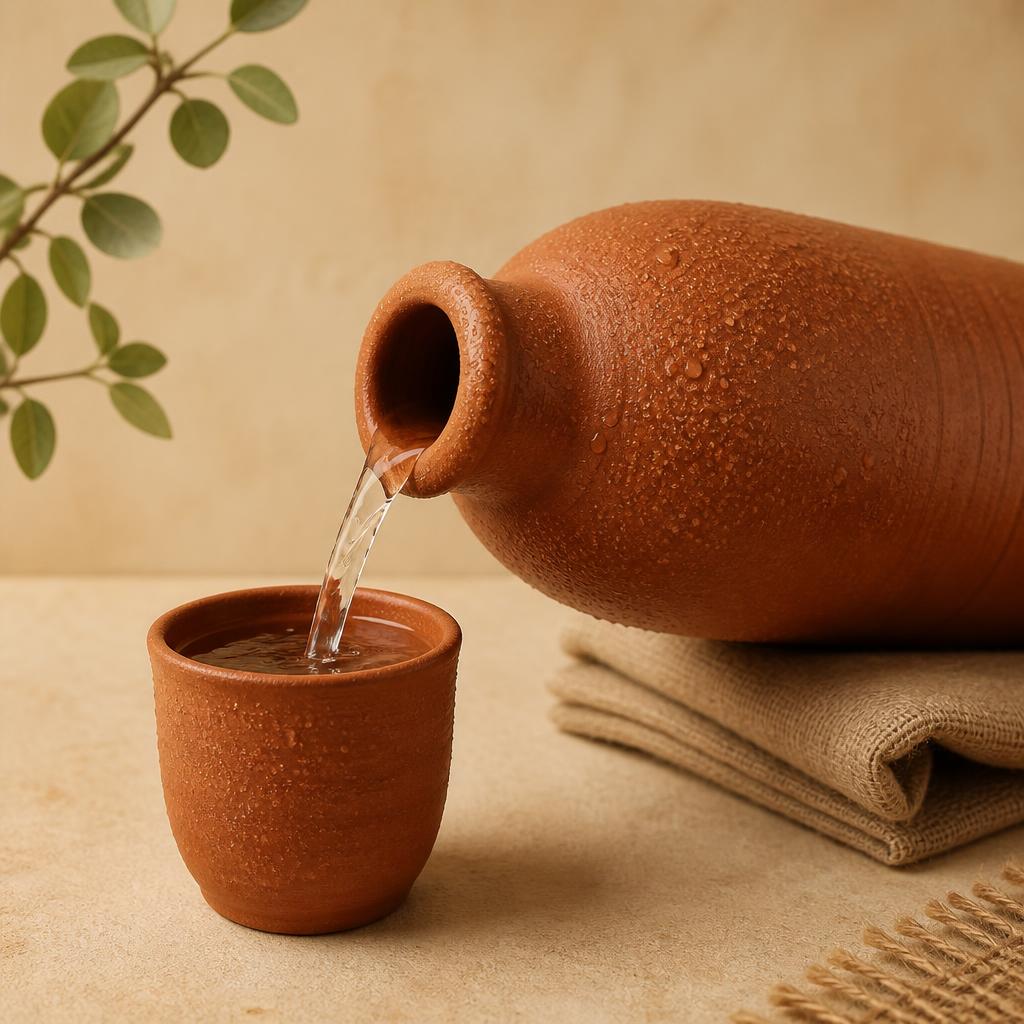 Hands pouring cool water from a clay bottle into a small clay cup in a warm Indian kitchen