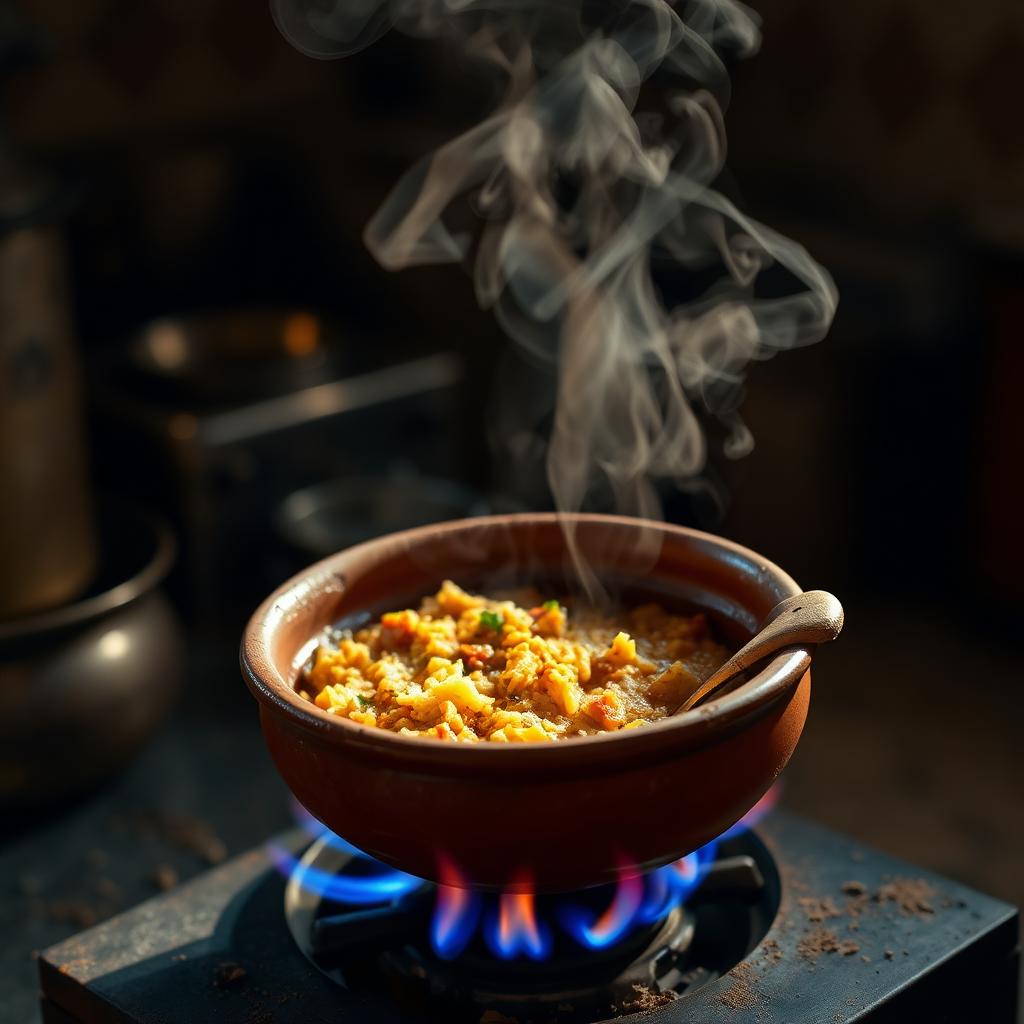 A terracotta handi cooking dal on a low blue flame, gentle steam rising