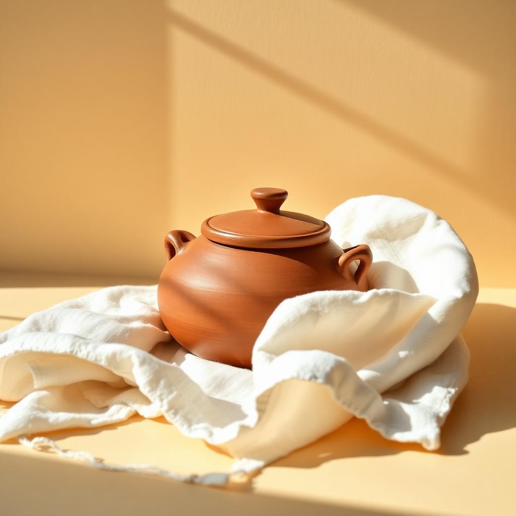 Clean clay handi drying in sunlight beside a soft cotton cloth