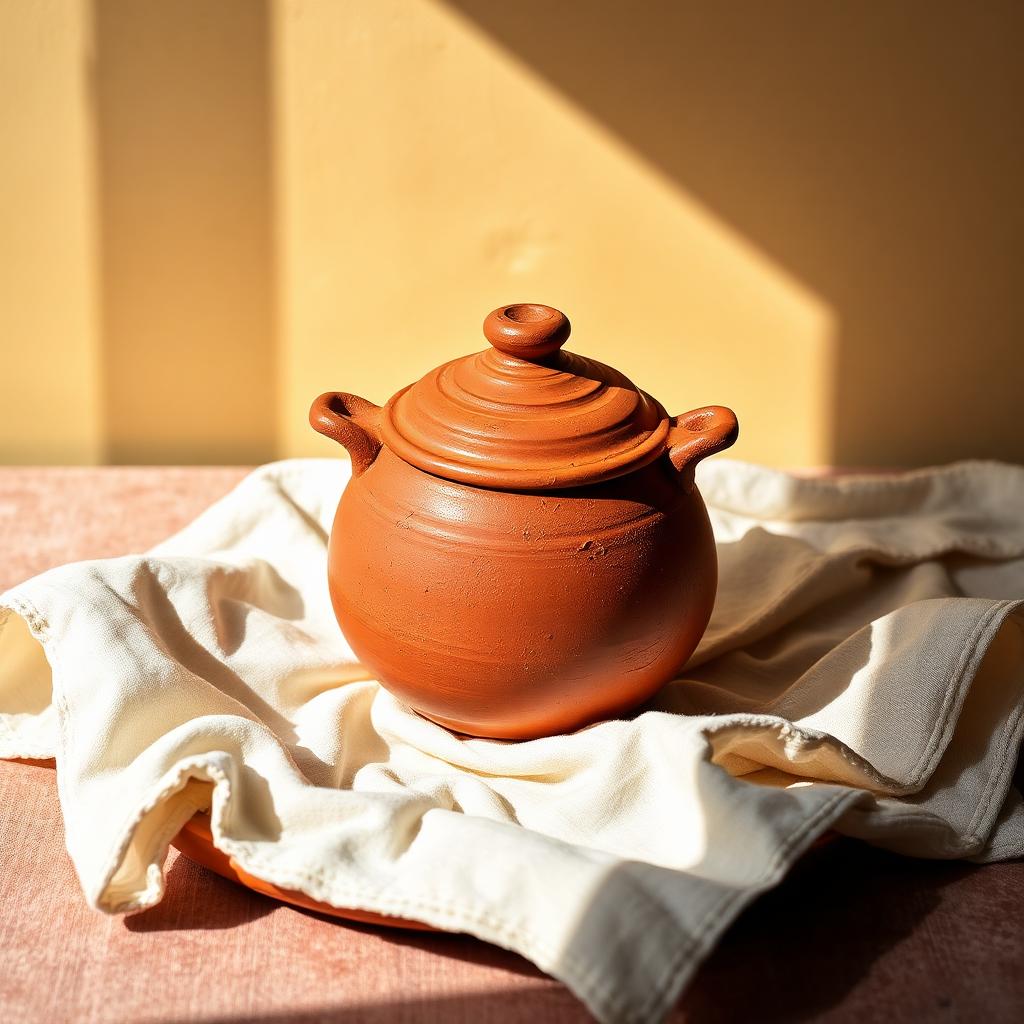 Wet terracotta handi upside down on a cloth drying in shade