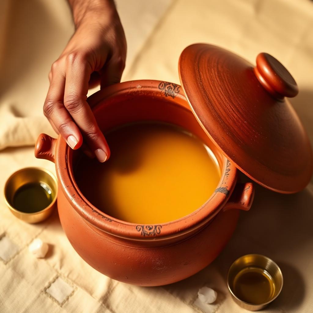 Hands rubbing mustard oil inside a clay handi