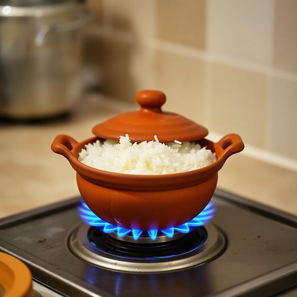 Clay handi cooking rice on a low blue gas flame