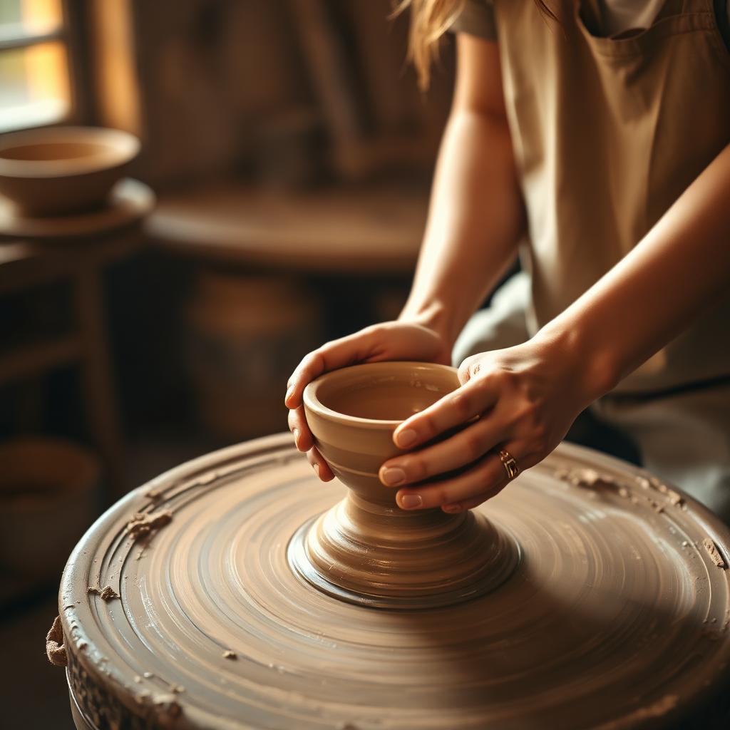 A student shaping a small bowl on the potter's wheel during a Mudkraft workshop